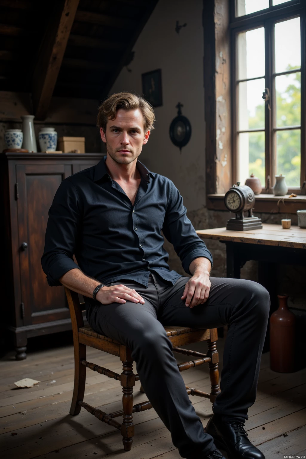 A man in a dark shirt and trousers sits on a wooden chair in a rustic room with a window.