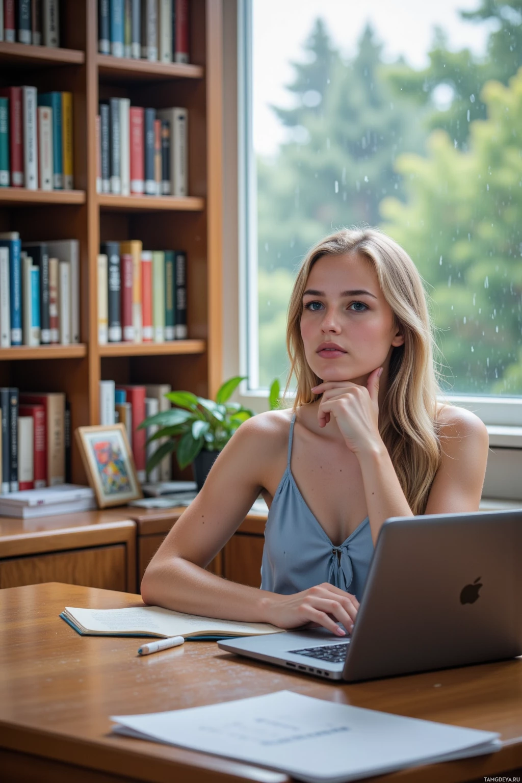 A woman sits at a desk with a laptop, surrounded by books and greenery outside the window.