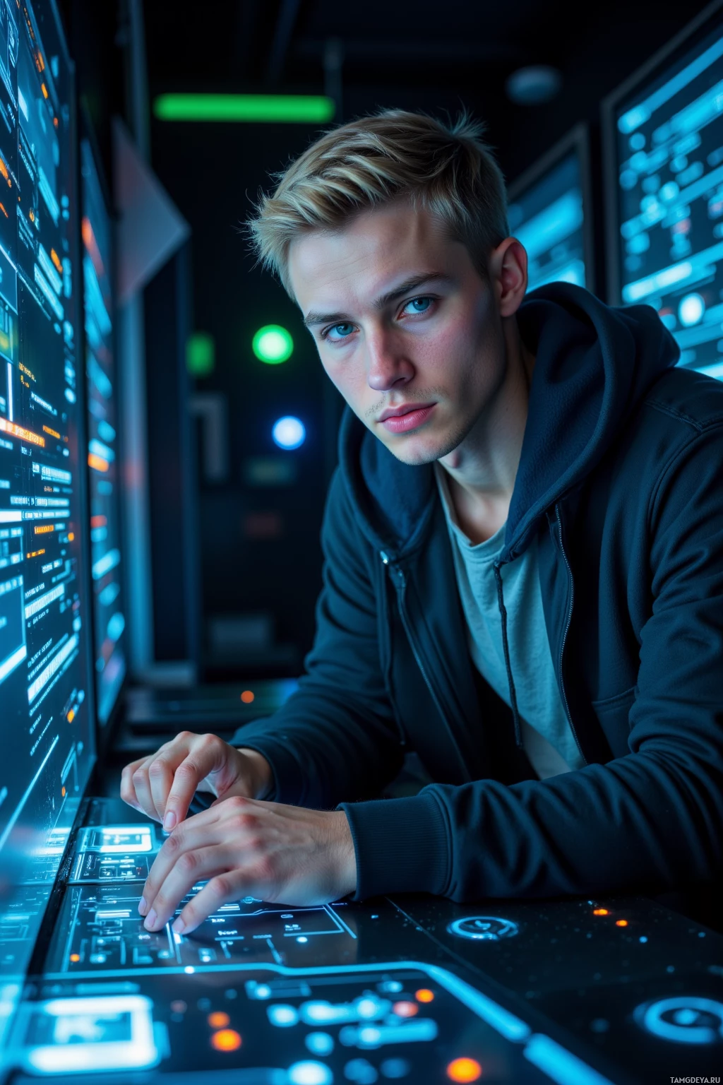 A person in a hoodie is working at a futuristic computer interface.