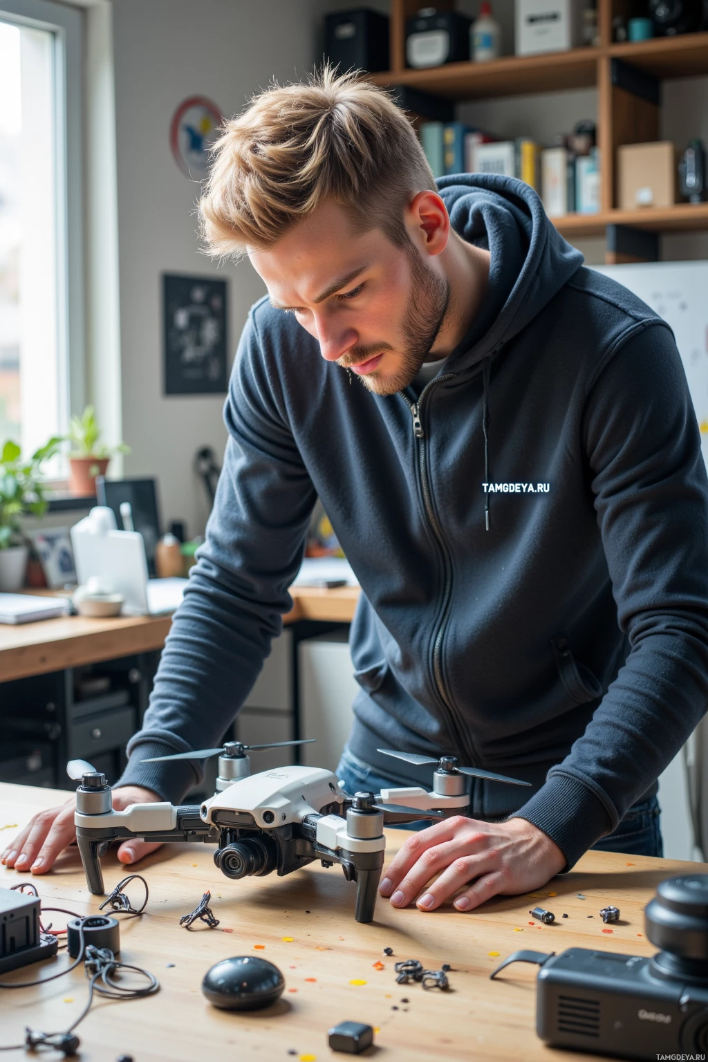 A person is working on a drone in a workspace.