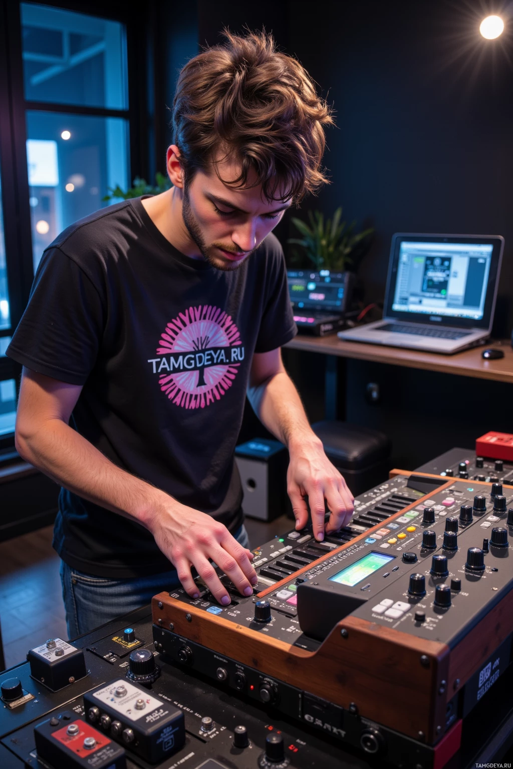A person is operating a music production setup in a studio environment.