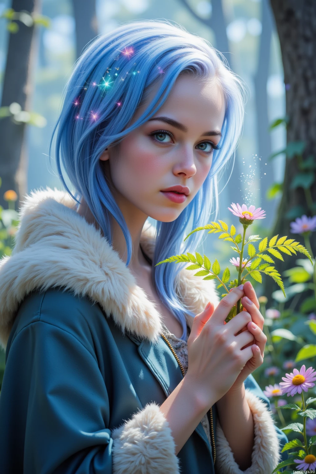 A person with blue hair holds a flower in a forest setting.