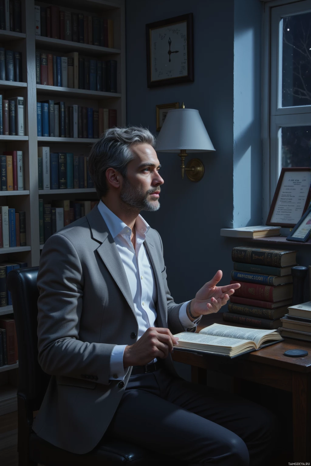 A man in a suit sits at a desk in a library, gesturing with his hand while reading a book.