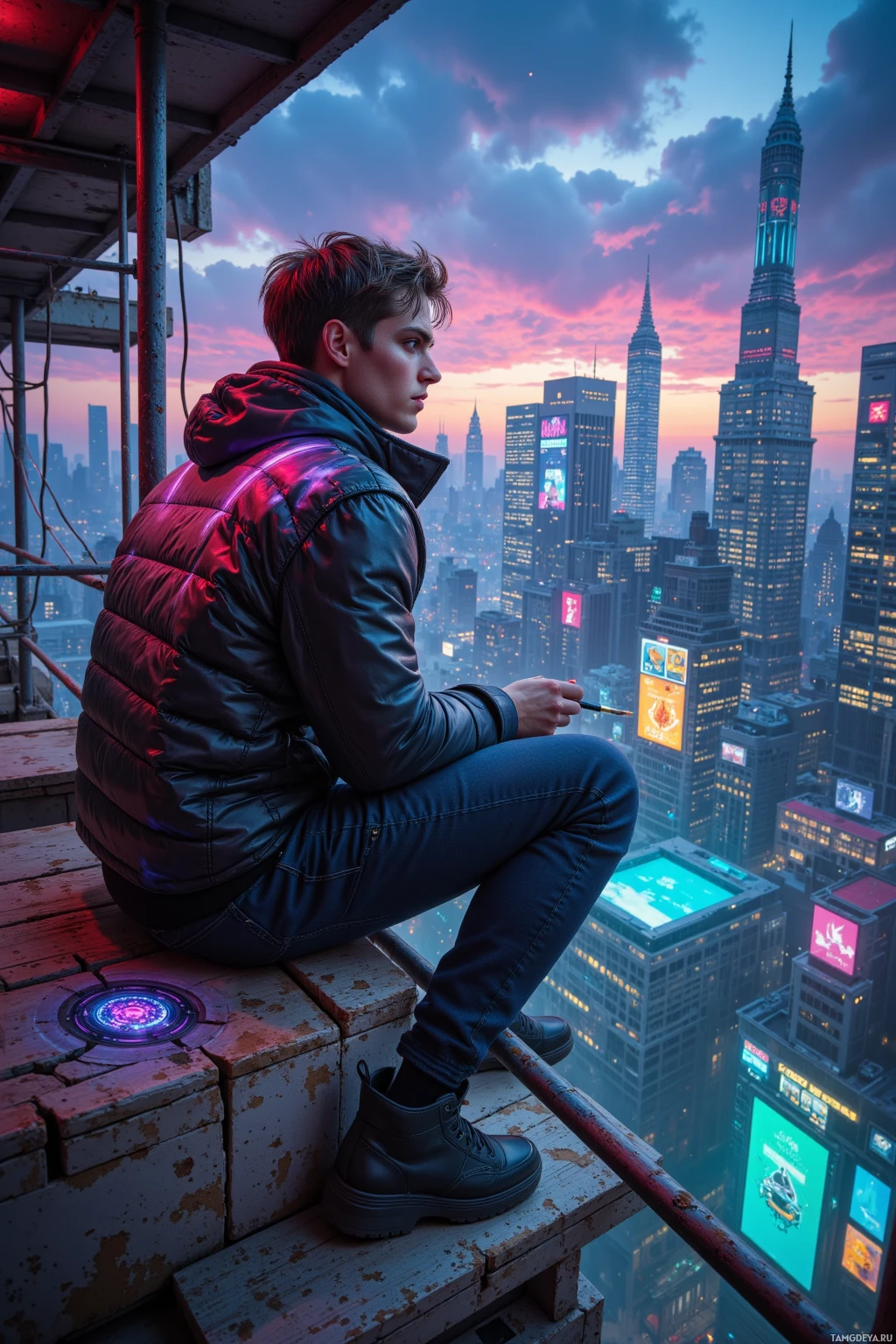 A person sits contemplatively on a rooftop overlooking a vibrant cityscape at dusk.