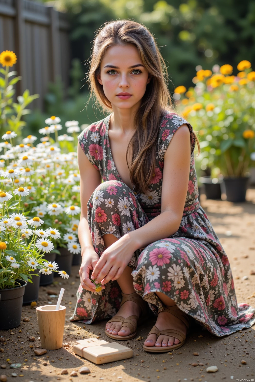 A woman in a floral dress sits on the ground in a garden surrounded by flowers.