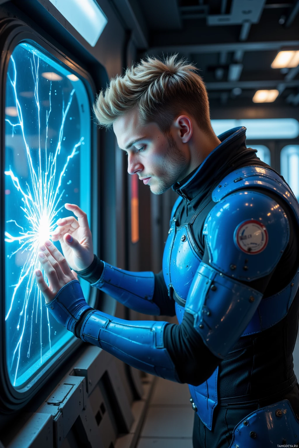 A person in a futuristic blue suit interacts with a glowing interface through a window.
