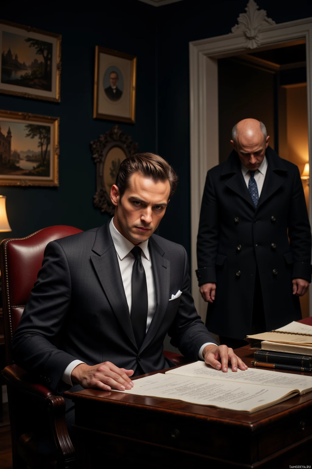 A man in a suit sits at a desk, examining a document, with another man standing behind him.