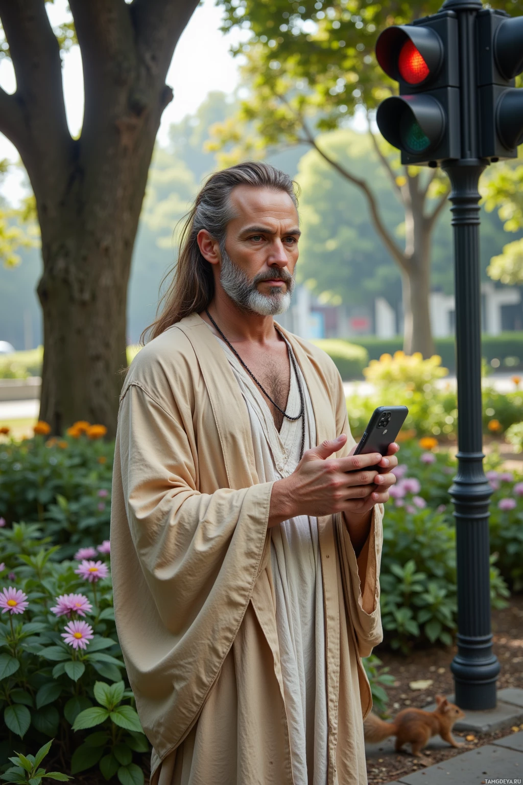 A man in a robe stands near a traffic light, holding a phone.