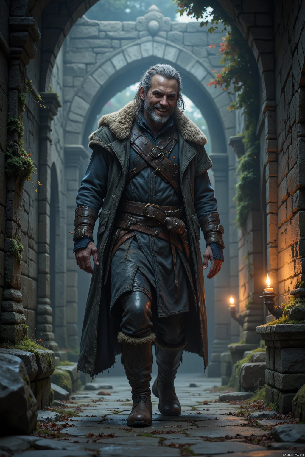 A man in a medieval-style outfit walks through a stone archway.