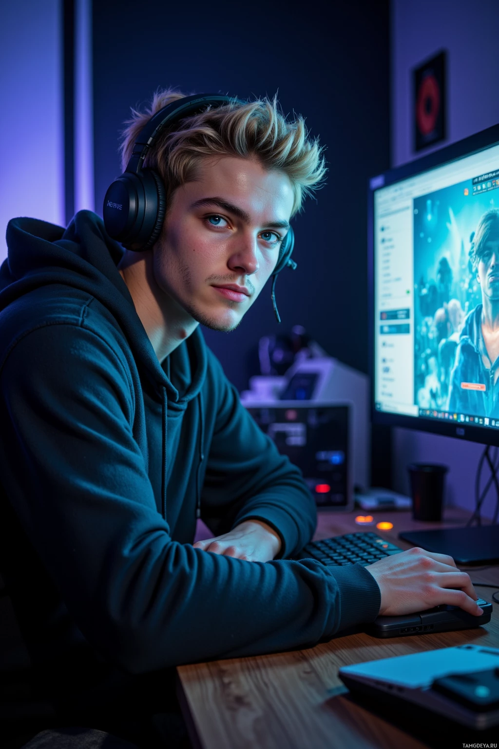 A person wearing headphones sits at a desk in front of a computer monitor, illuminated by blue and purple lighting.