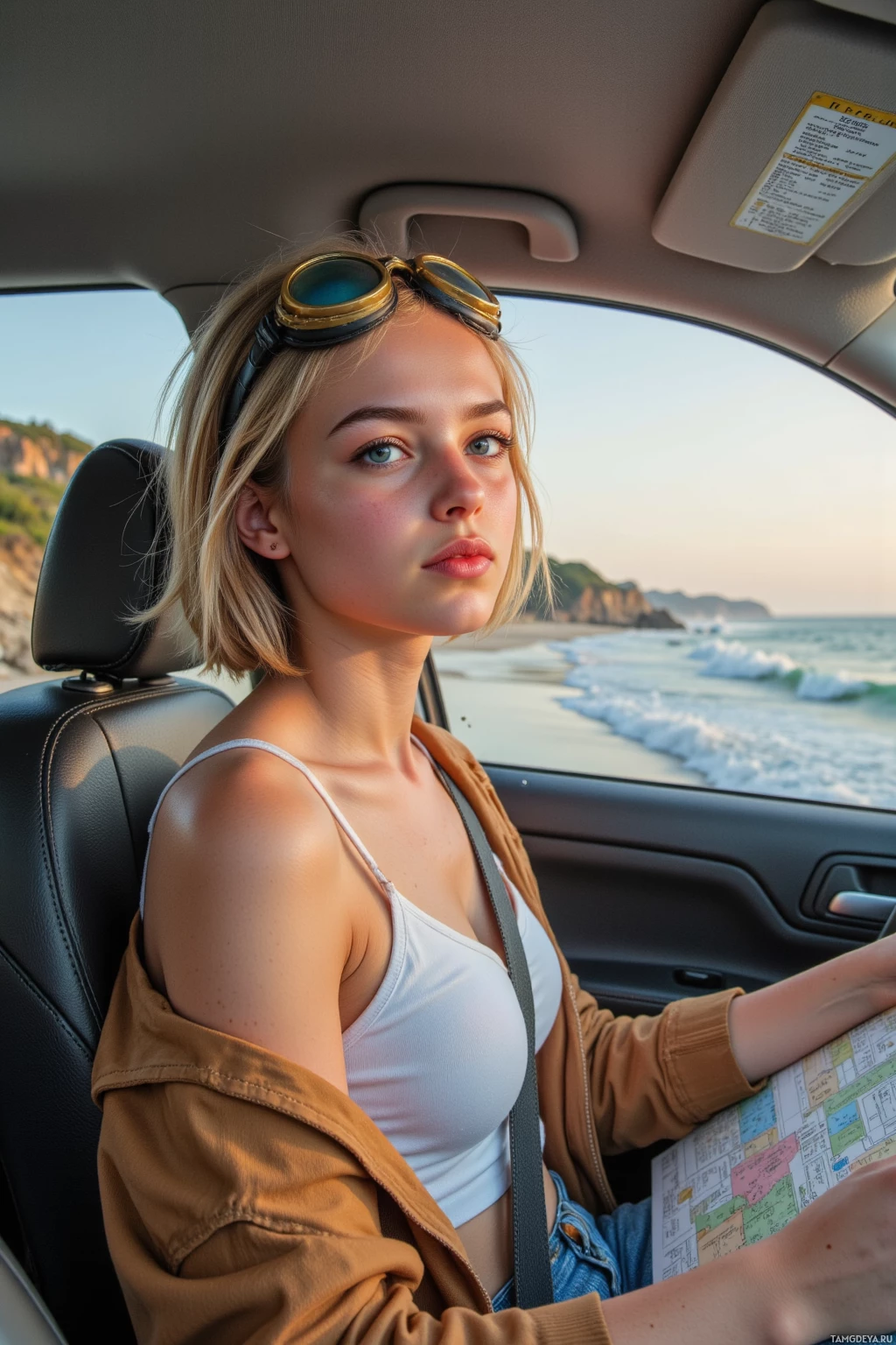 A woman wearing aviator goggles sits in a car, looking out at a scenic beach view.