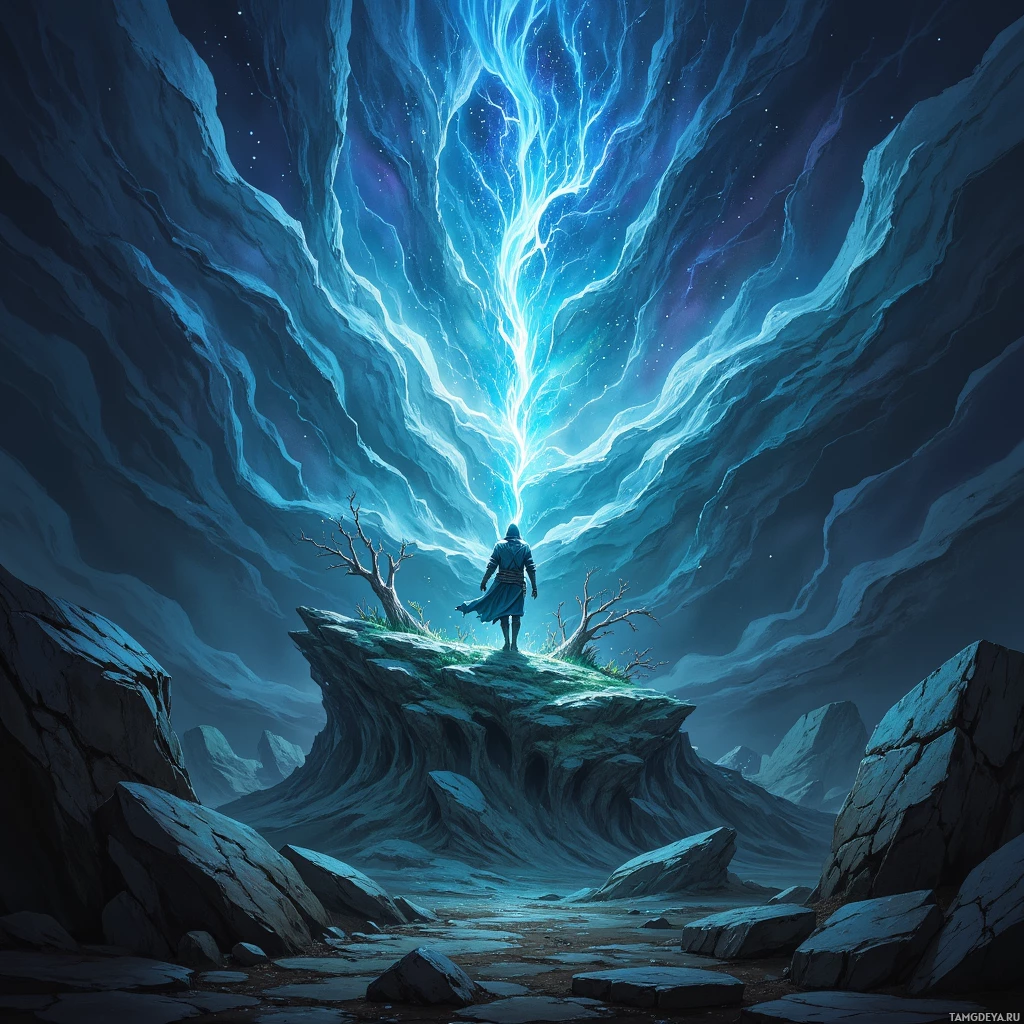 A lone figure stands on a rocky outcrop beneath a glowing, ethereal sky.