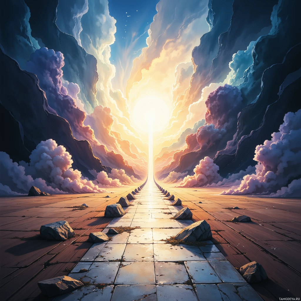 A surreal landscape with a glowing sun, dramatic clouds, and a stone pathway leading towards the horizon.