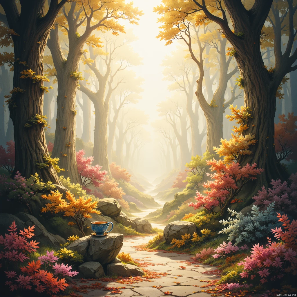 A serene forest path lined with colorful autumn foliage and a blue teacup on a rock.