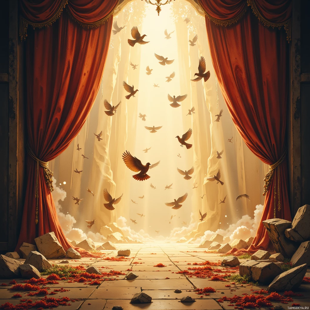 A grand, sunlit scene with birds flying through a golden light, red curtains, and scattered rocks on a stone path.