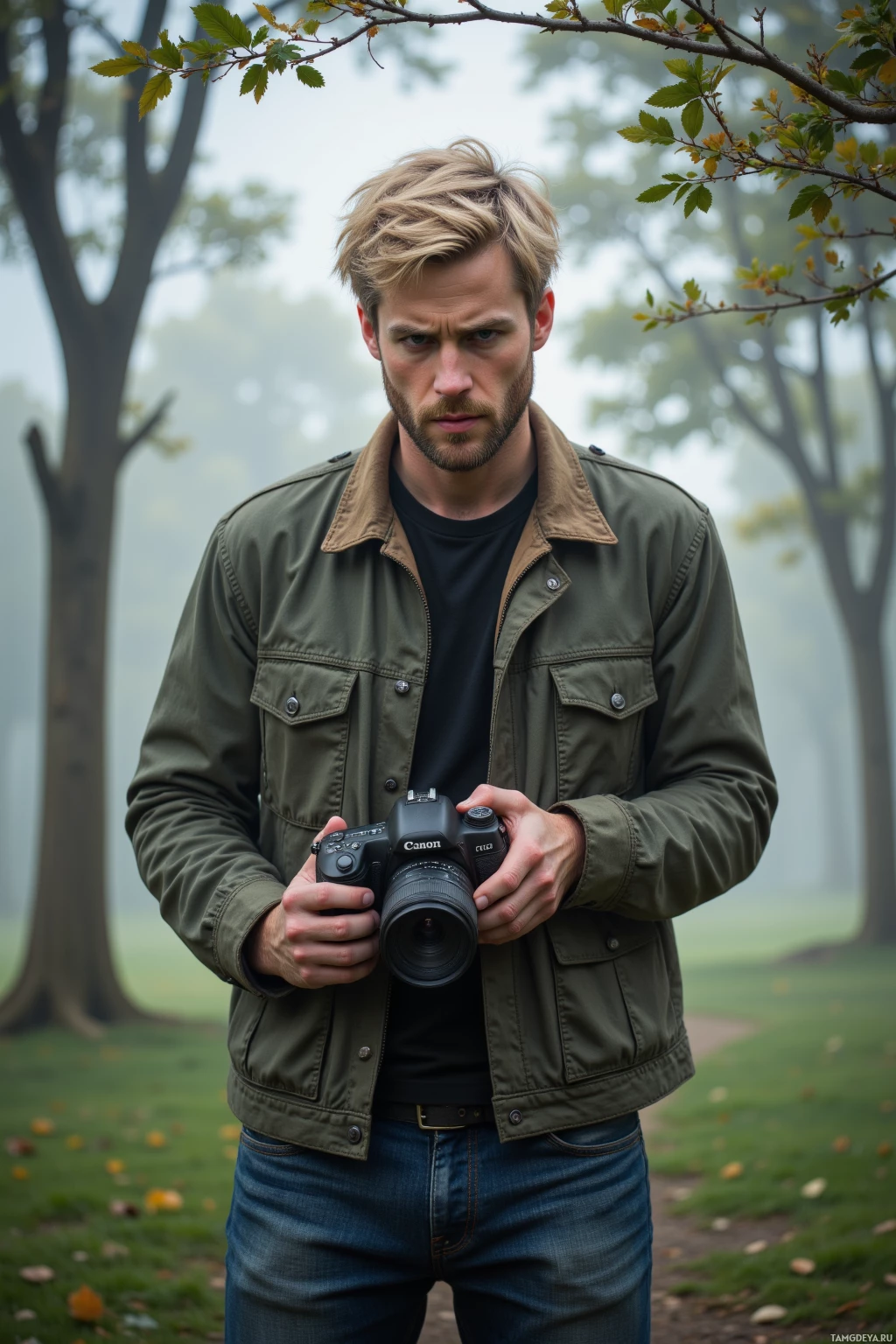 A man in a green jacket holds a camera in a park setting.