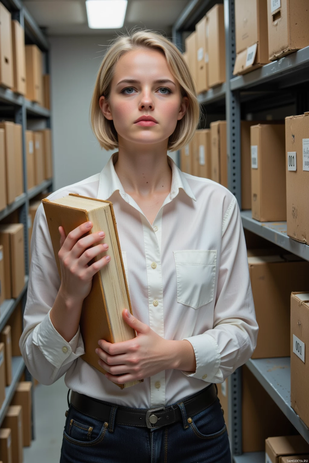 A person in a white shirt holds a book in a storage room with shelves.