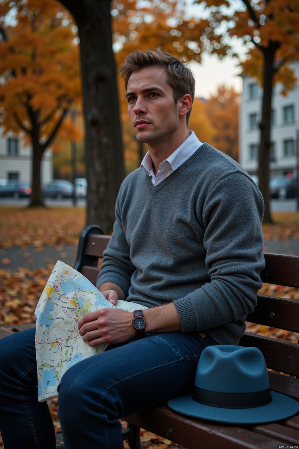 A man sits on a bench in an autumn park, holding a map and wearing a sweater and jeans.