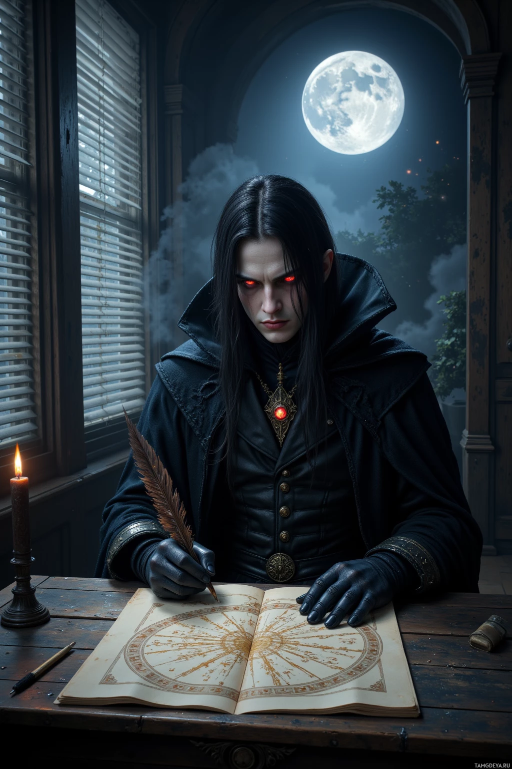 A person in dark attire sits at a table, illuminated by a candle, writing in a book with a feather quill.