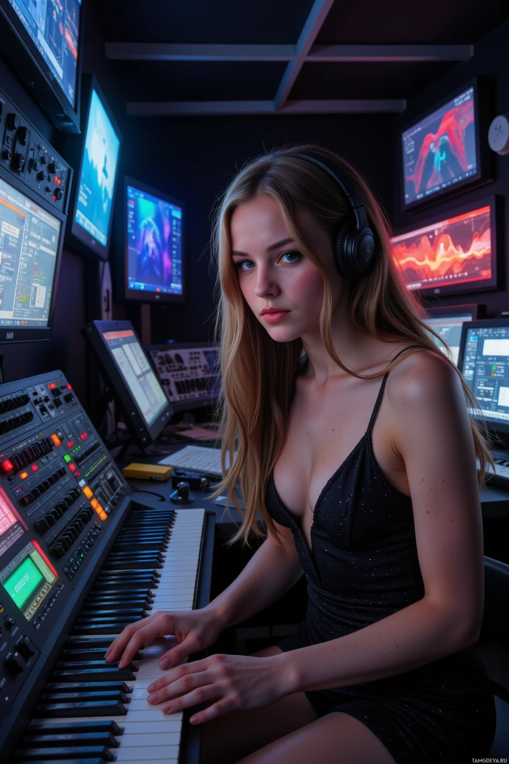 A person wearing headphones sits at a keyboard in a music production studio with multiple monitors.