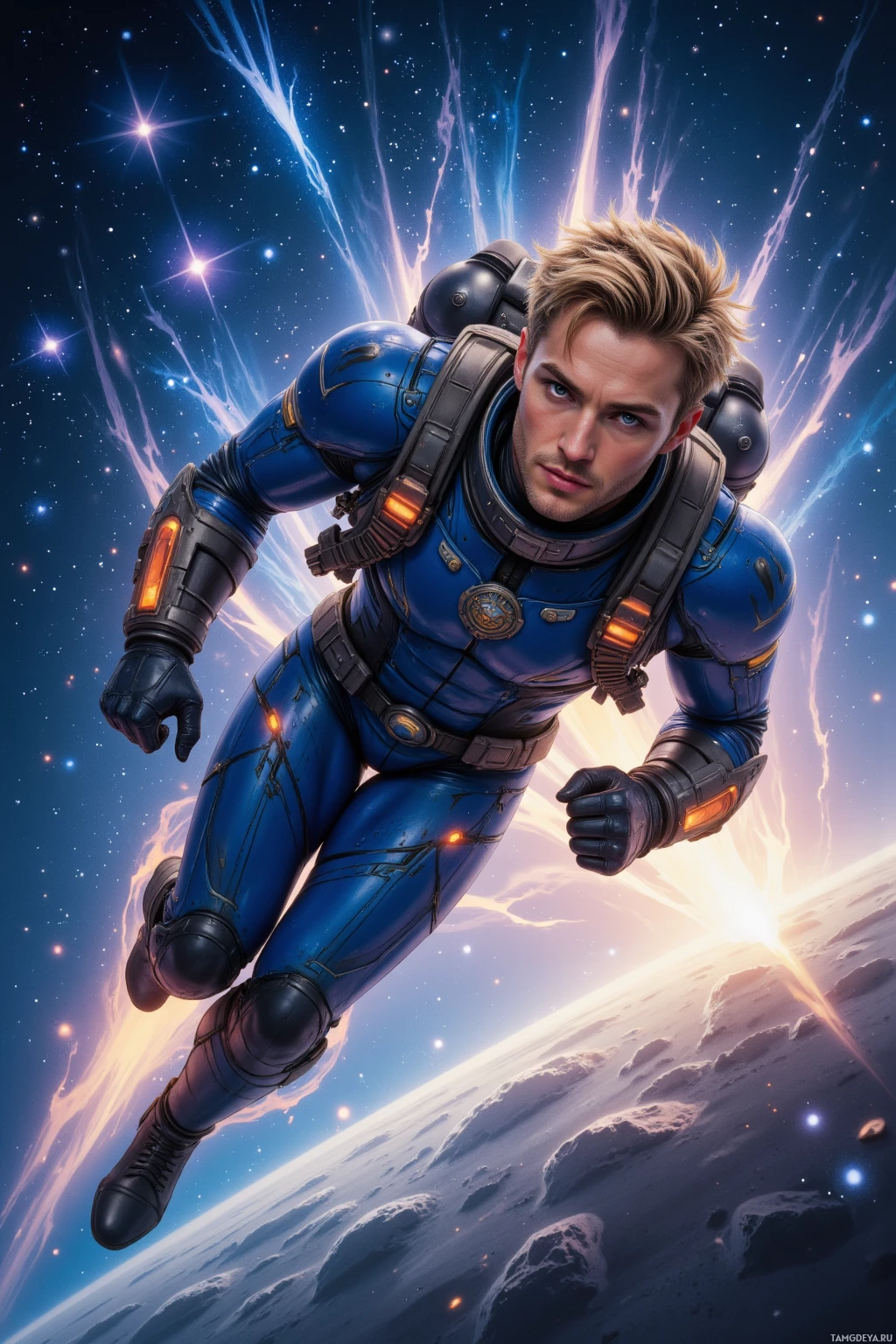A futuristic astronaut in a blue suit floats in space against a starry backdrop.