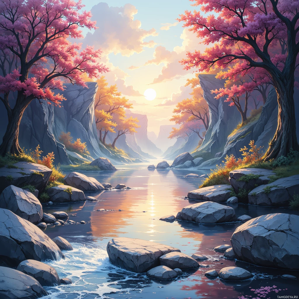A serene landscape featuring a river with rocks, surrounded by trees with pink and yellow foliage, and a setting sun casting warm light.