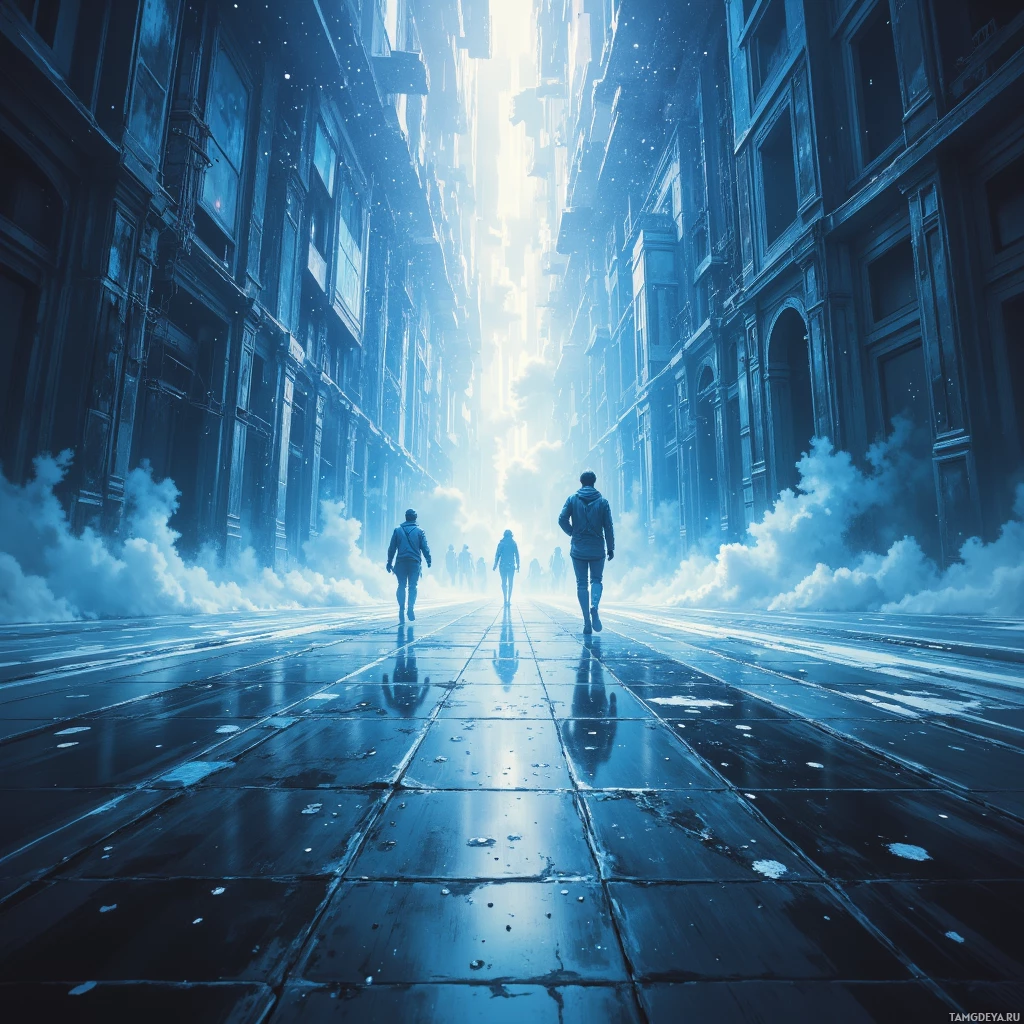 Two figures walk down a wet, reflective street flanked by tall, dark buildings under a bright, ethereal light.