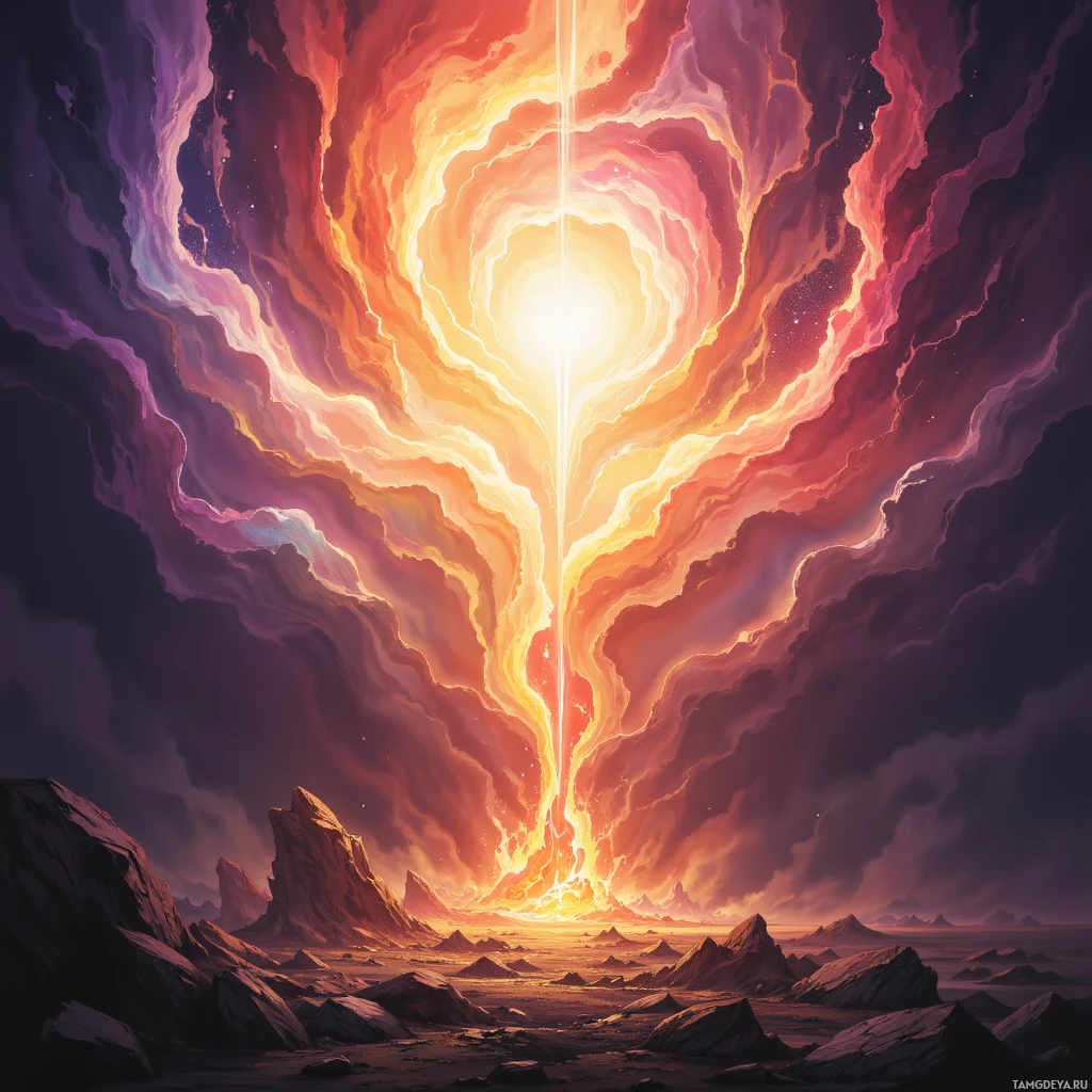 A fiery, glowing portal in a dark, rocky landscape.