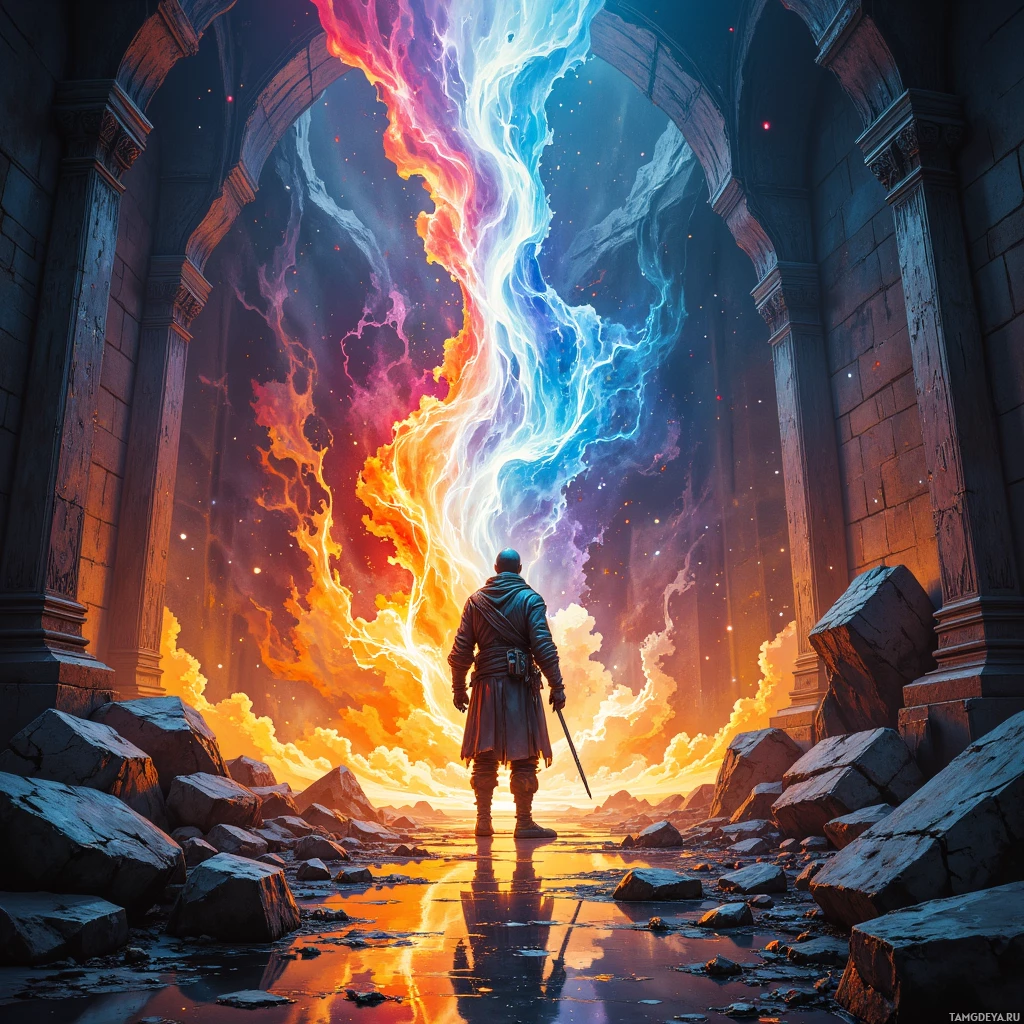 A lone figure stands before a grand archway, facing a vibrant sky split by a glowing, colorful divide.