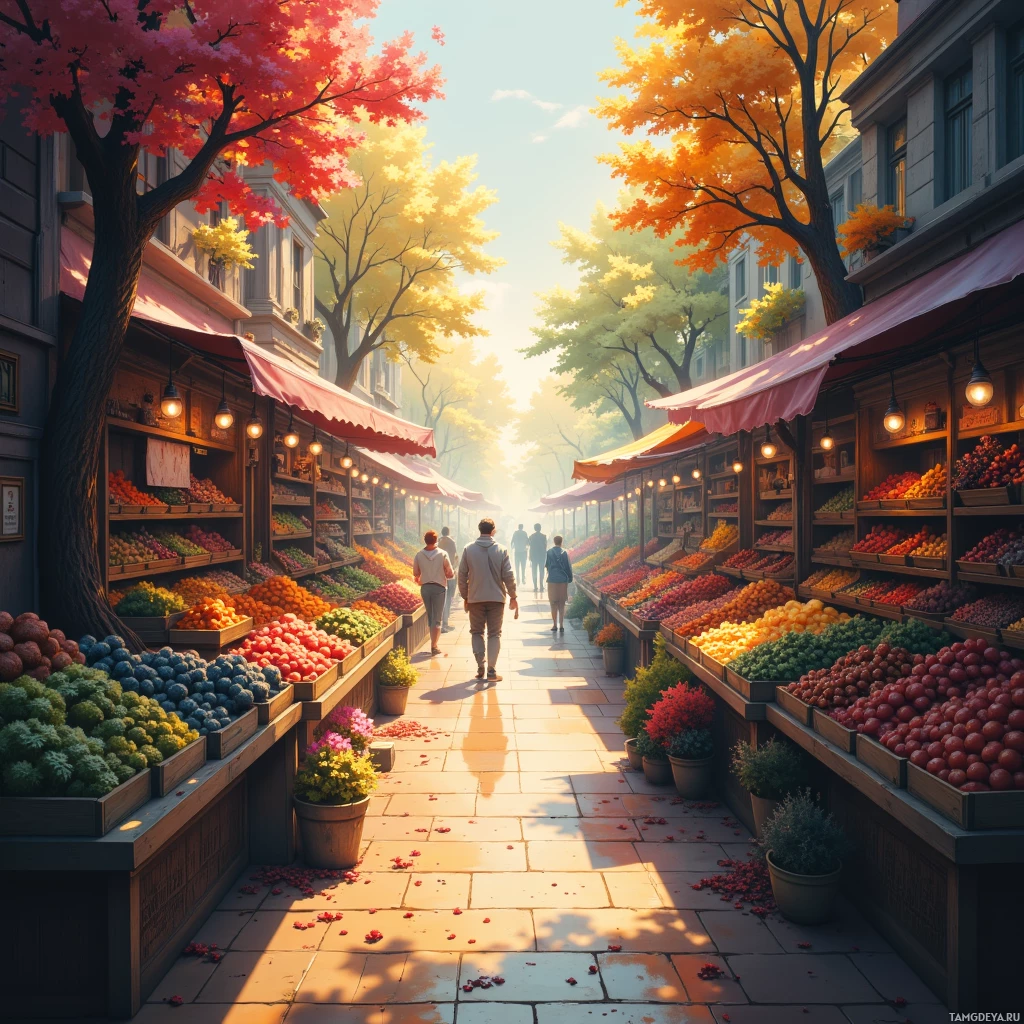 A vibrant street market with colorful fruit stalls and autumn foliage.