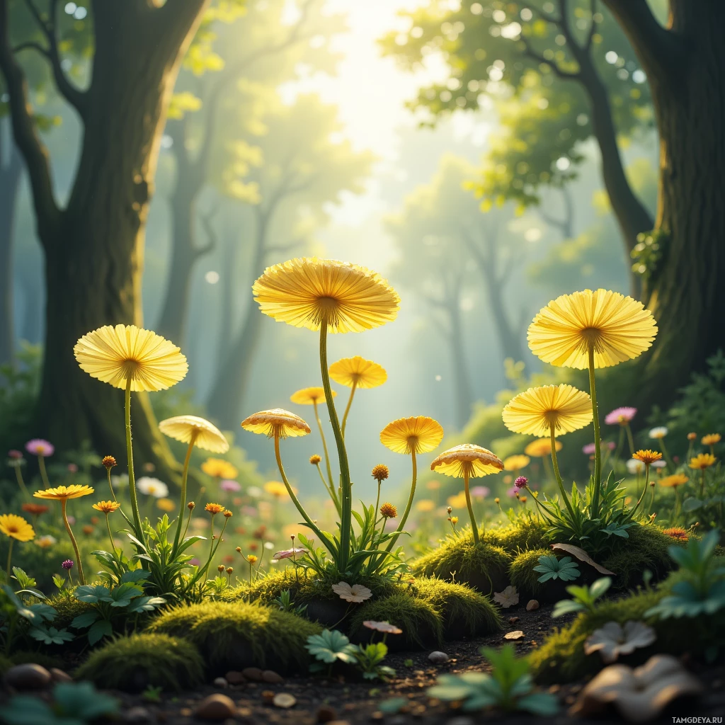 A serene forest scene with vibrant yellow flowers and lush greenery bathed in soft sunlight.
