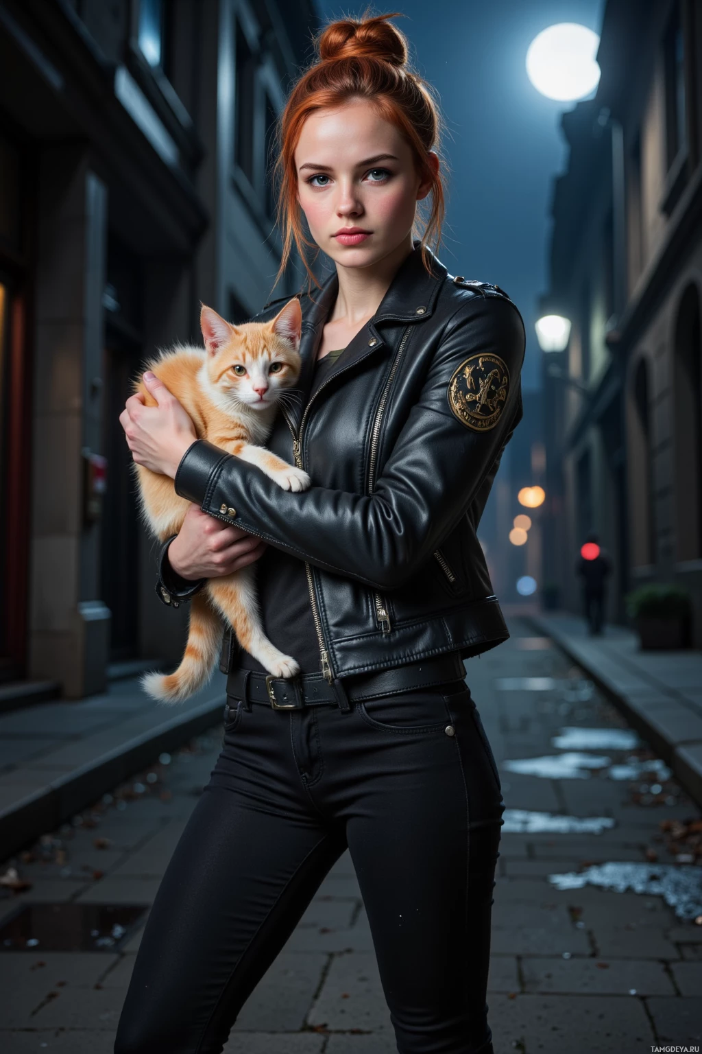 A person in a leather jacket holds a cat on a dimly lit street.
