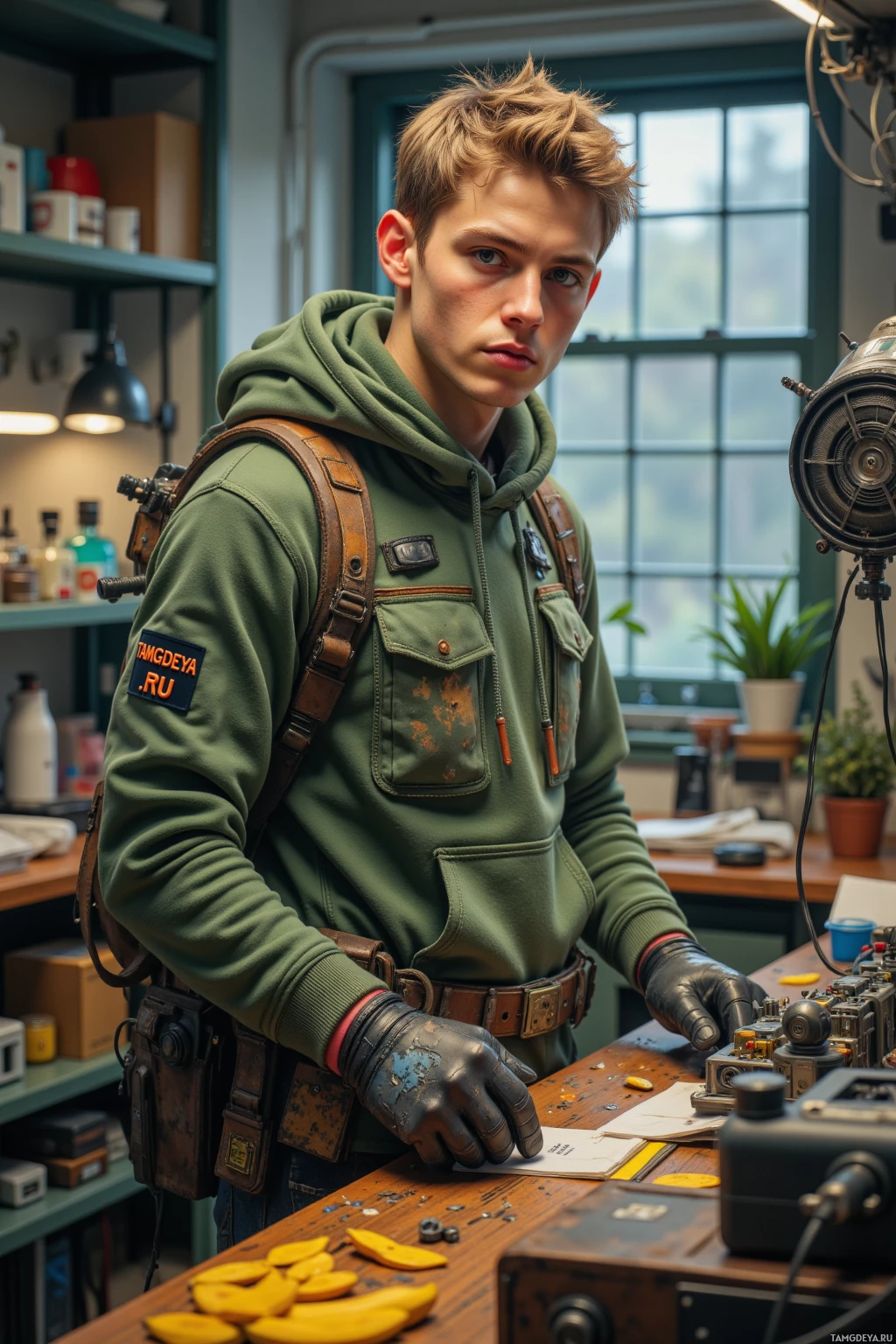 A person in a green hoodie and utility belt stands in a workshop, surrounded by tools and equipment.