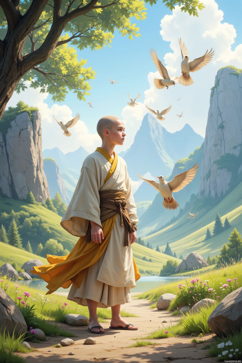 A person in traditional attire stands on a path surrounded by lush greenery and flying white doves.