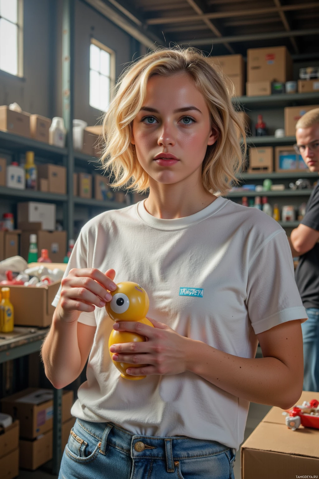 A person in a warehouse holding a yellow toy.