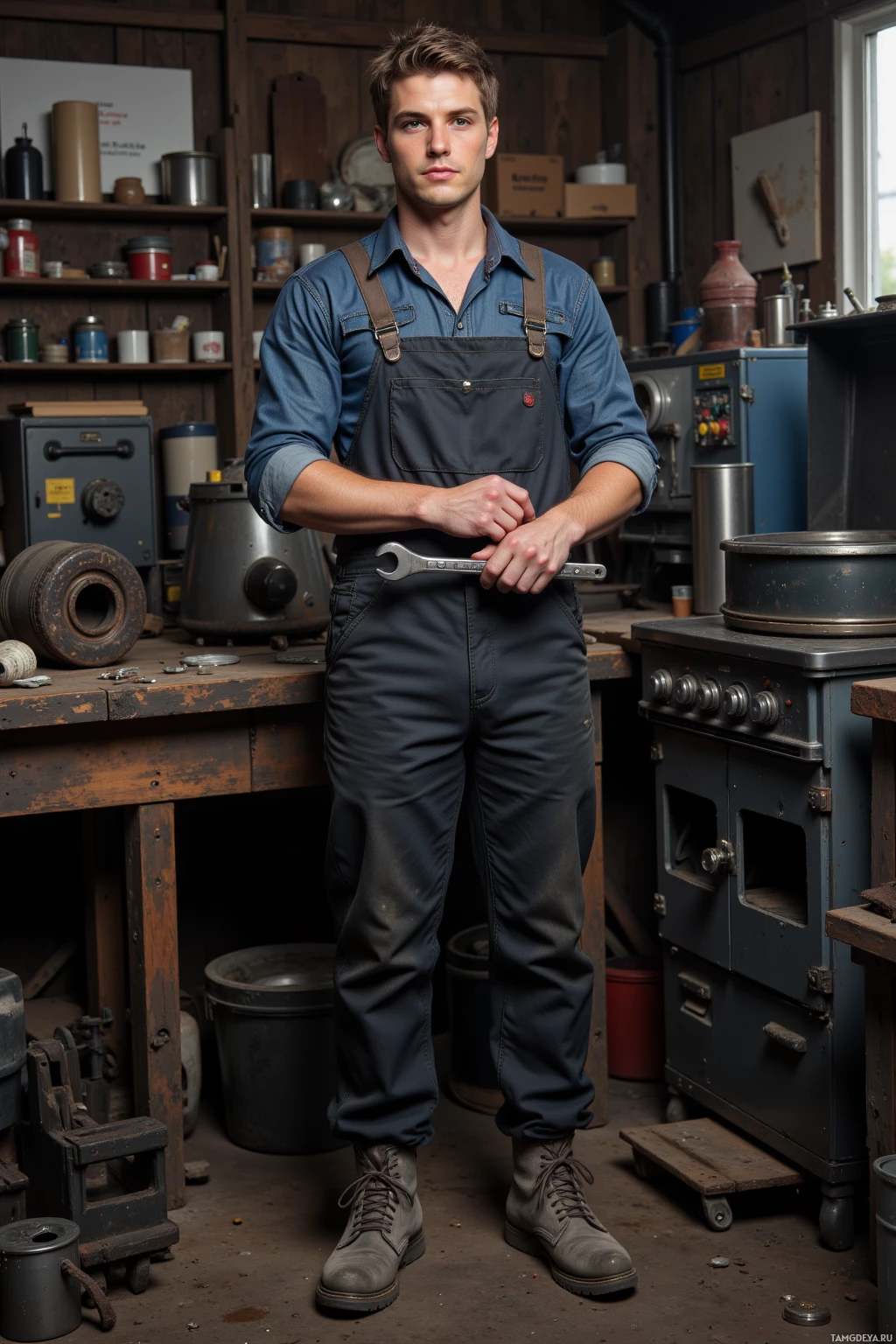 A man in a workshop wearing overalls and boots, holding a wrench.