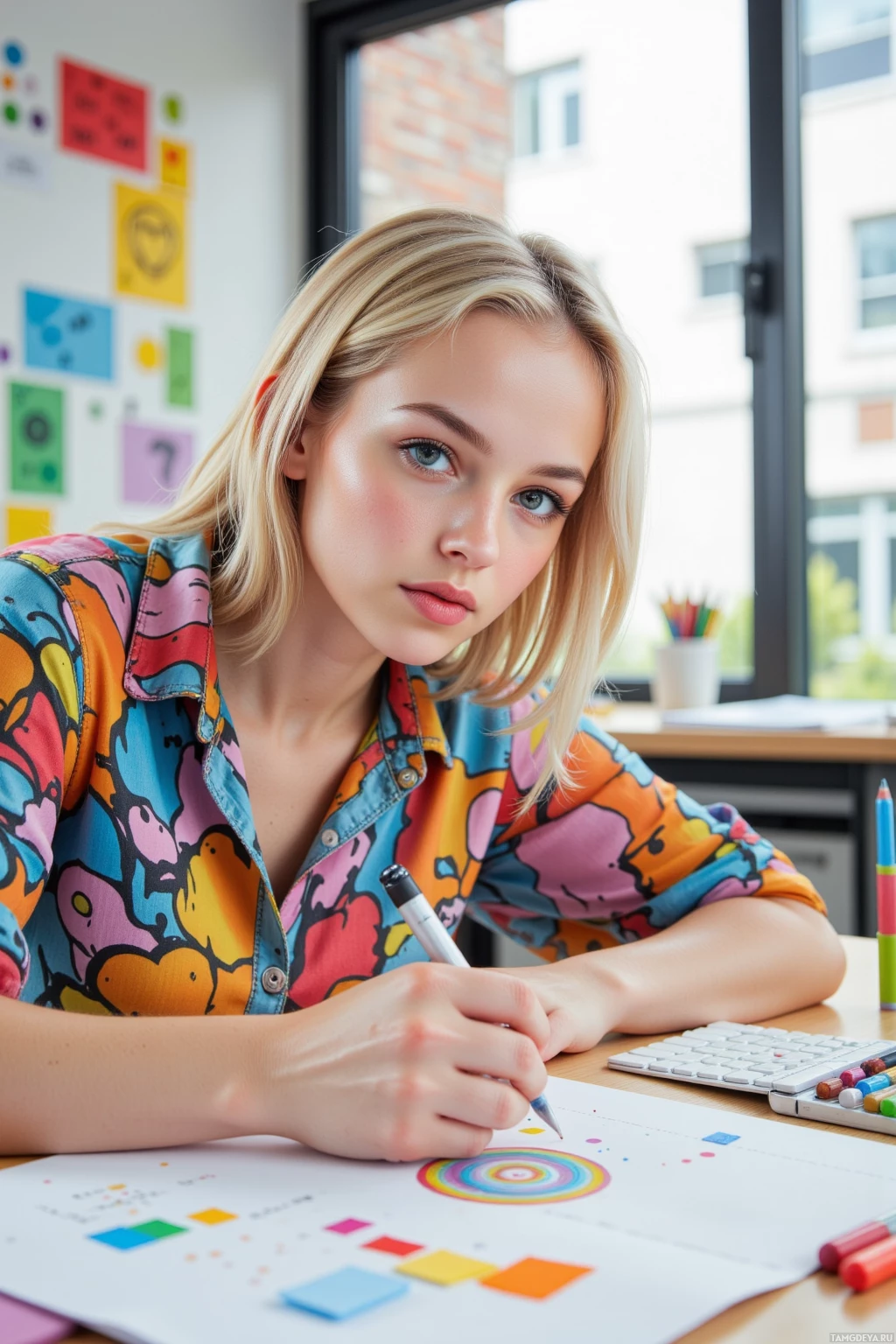A person wearing a colorful shirt is sitting at a desk, working on a document with a marker.