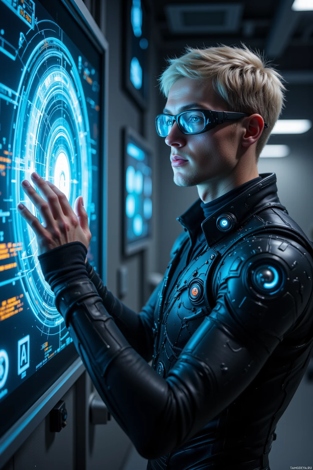A person in a futuristic outfit interacts with a high-tech display.