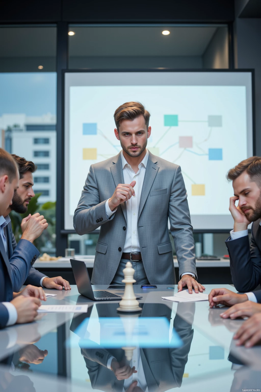 A man in a suit stands at a conference table, gesturing as he speaks to a group of attentive colleagues.