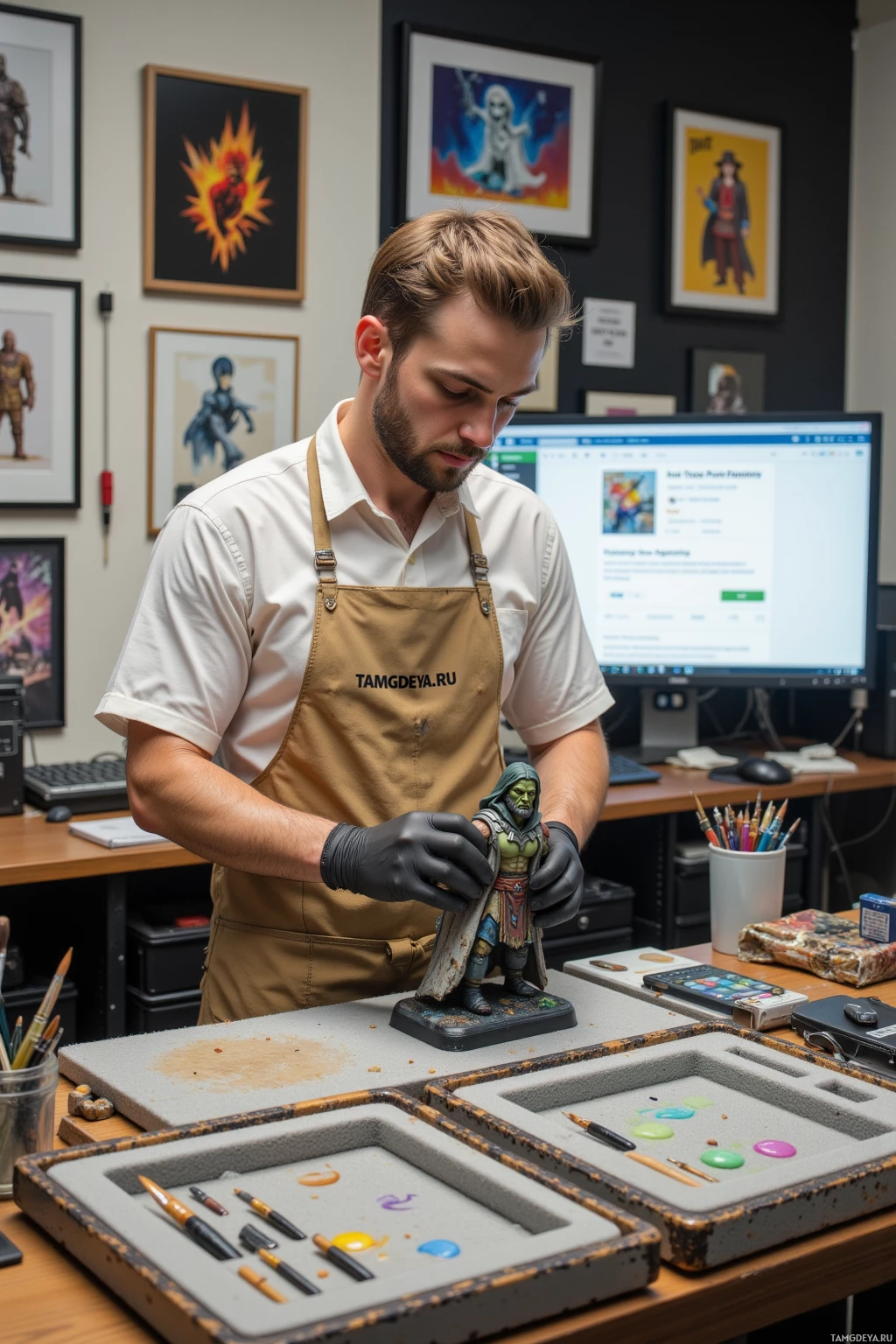 A person wearing an apron and gloves is working on a figurine in a workspace with various art supplies and framed artwork on the wall.
