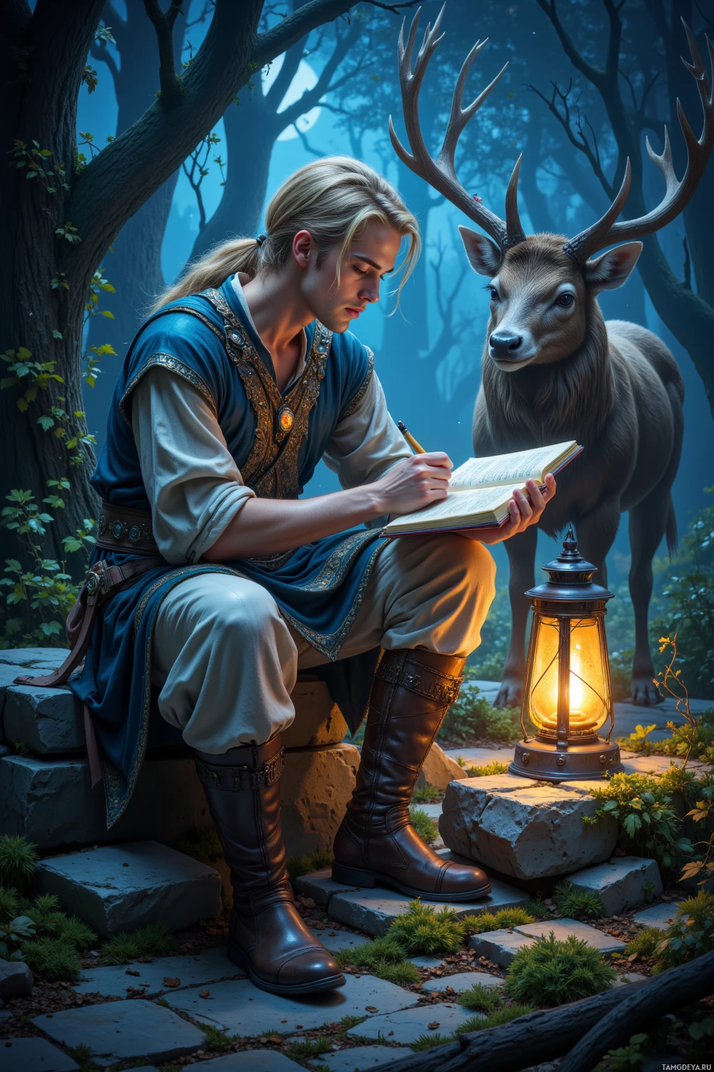 A person in medieval attire sits on a stone bench in a forest, writing in a book with a lantern beside them.