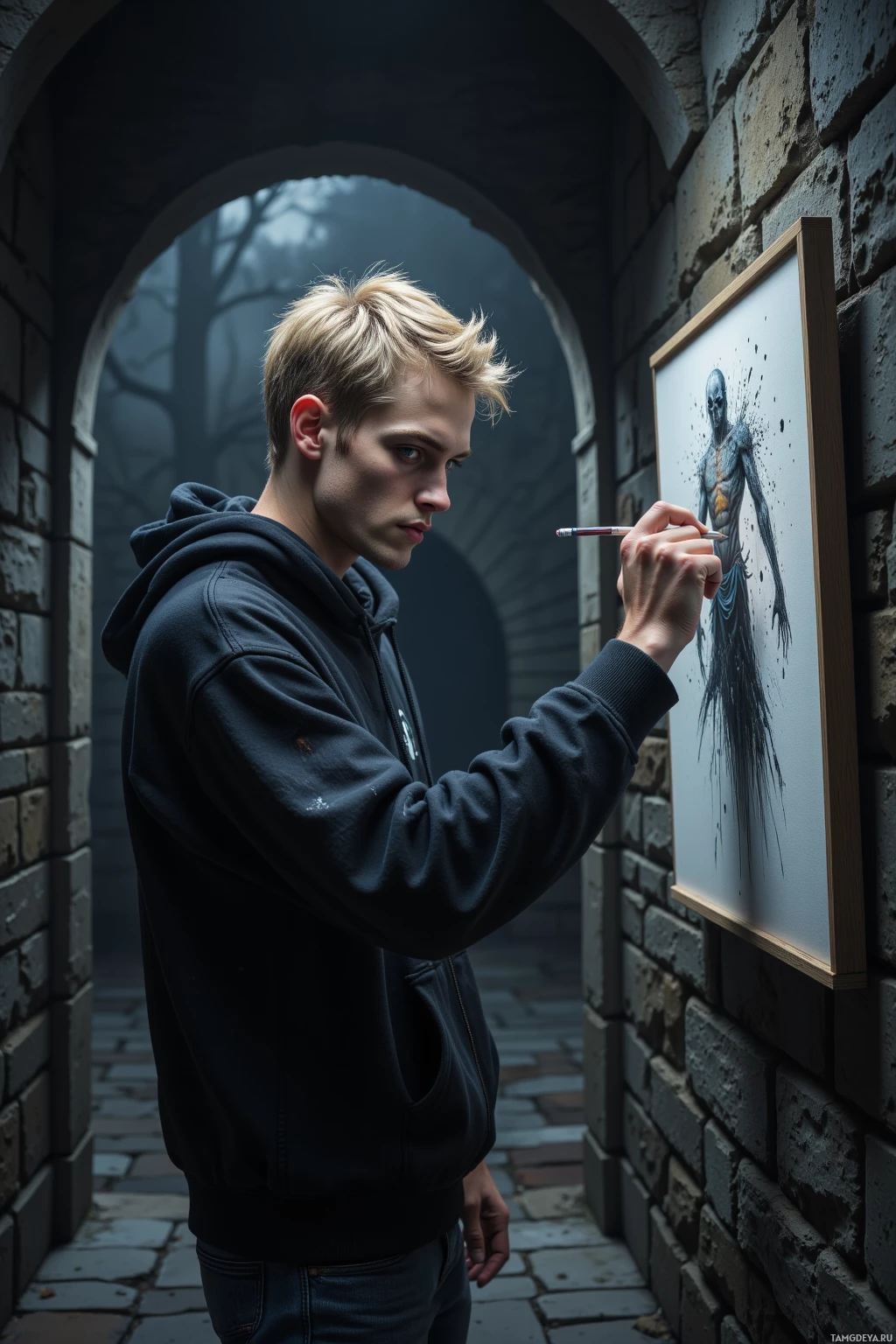 A person in a hoodie is painting a skeletal figure on a canvas in a stone archway.