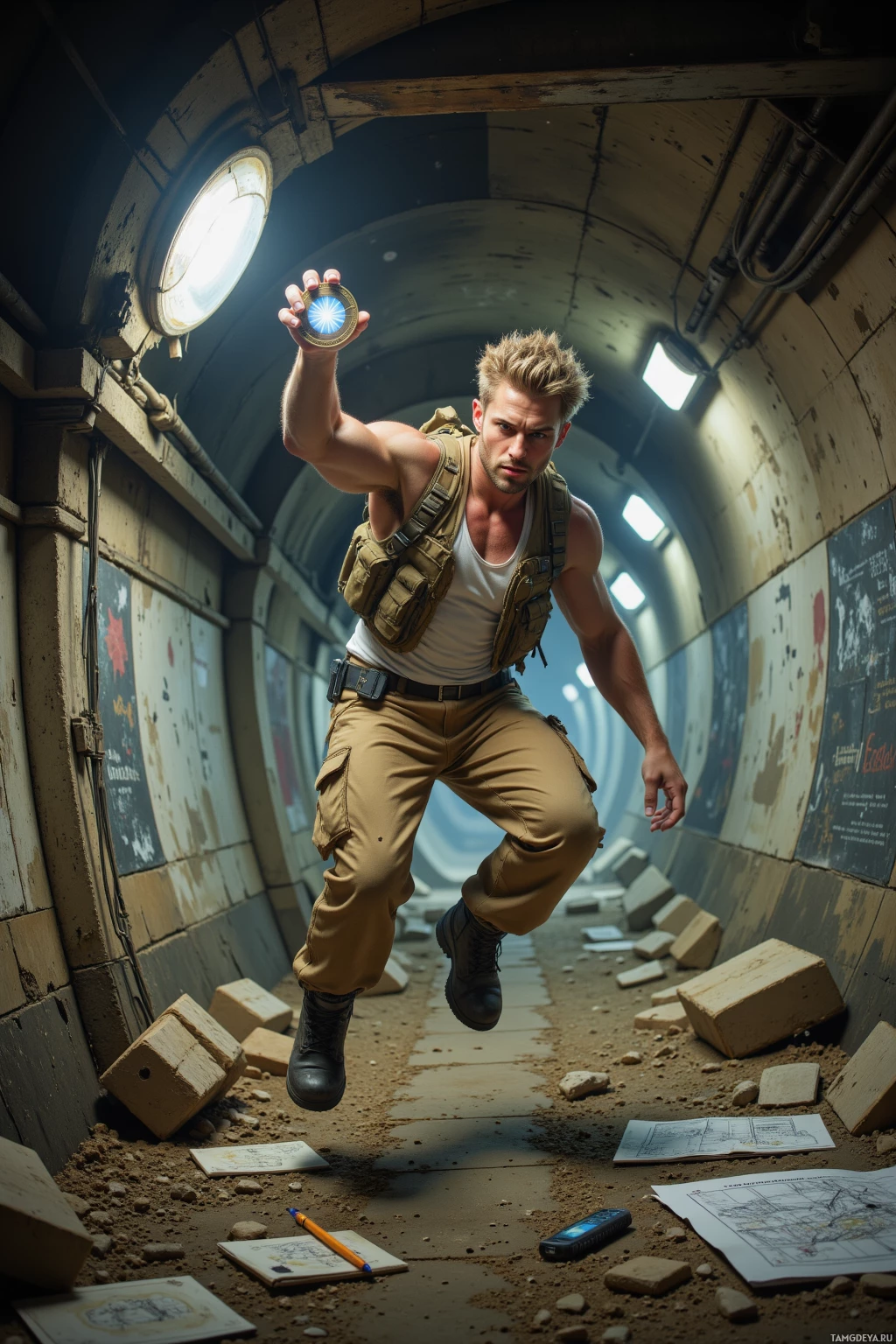 A man in tactical gear holds a glowing device in a dimly lit, debris-filled tunnel.