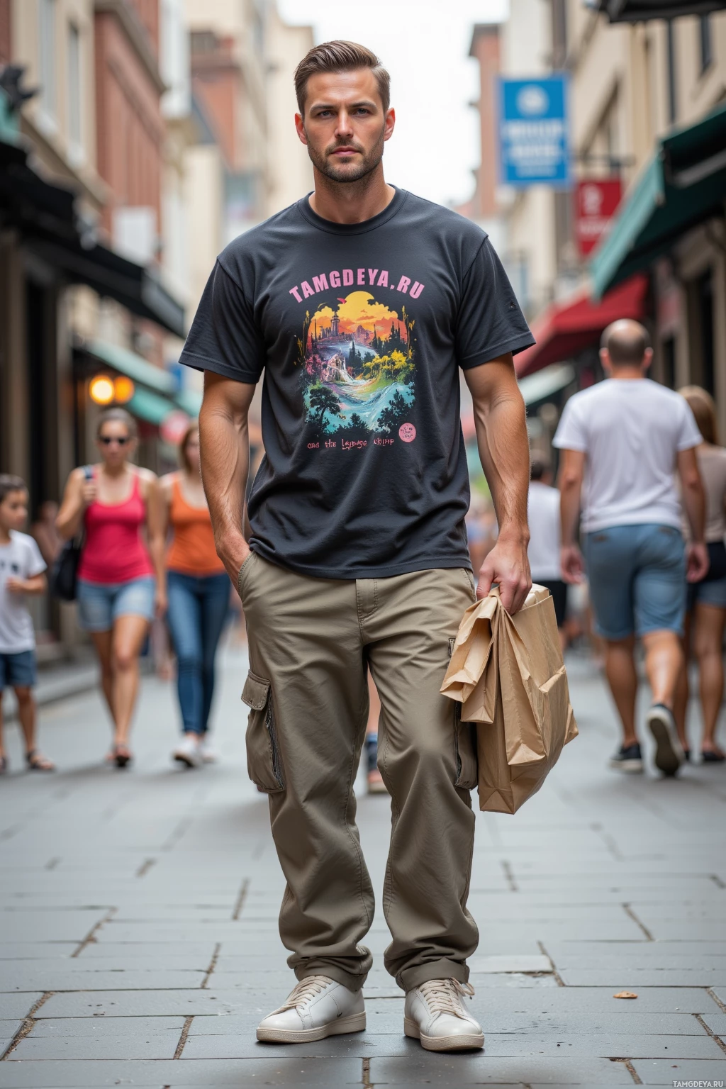 A man stands on a city street wearing a graphic t-shirt and cargo pants, holding a paper bag.