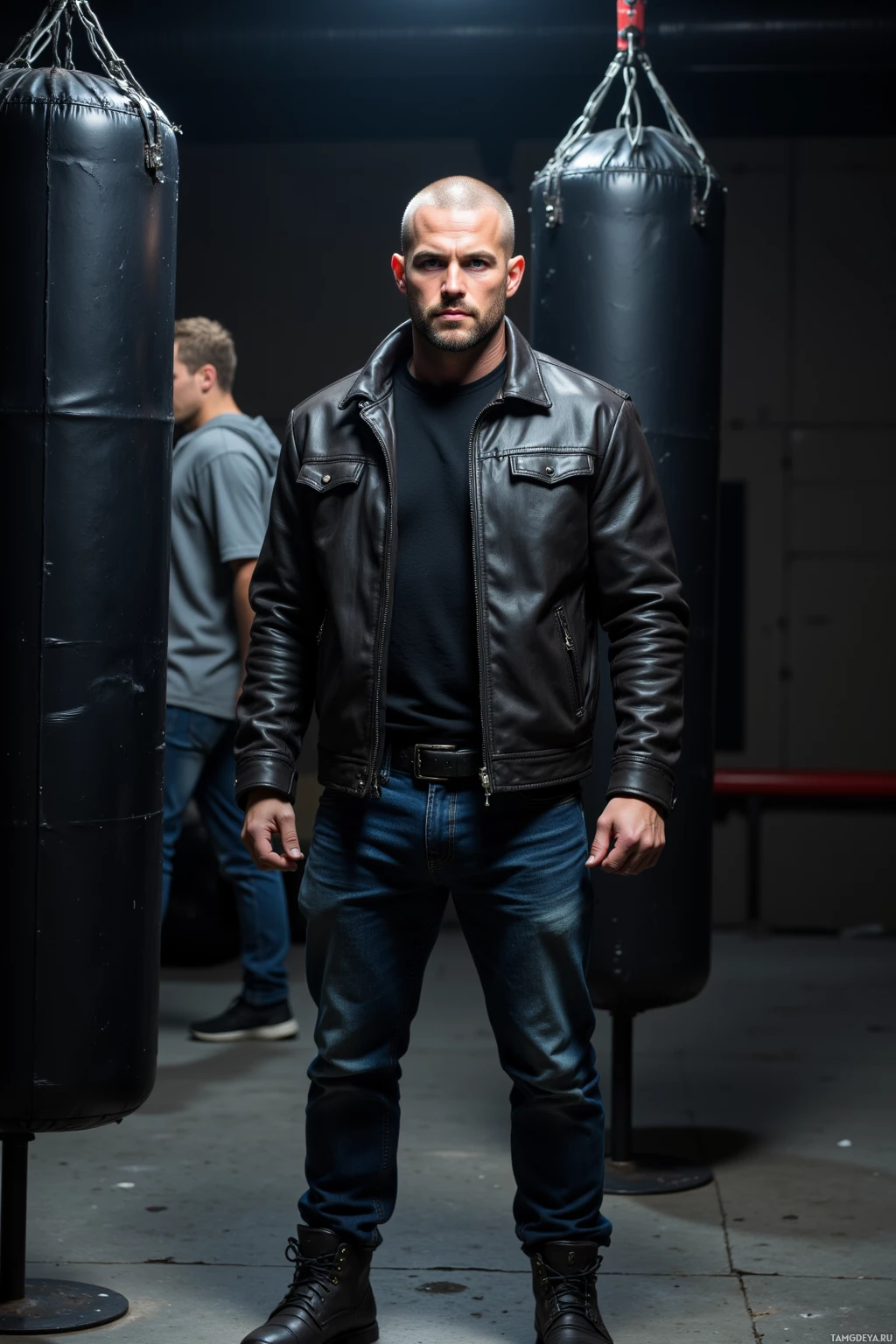 A man stands in a gym, wearing a leather jacket and jeans, with a punching bag in the background.
