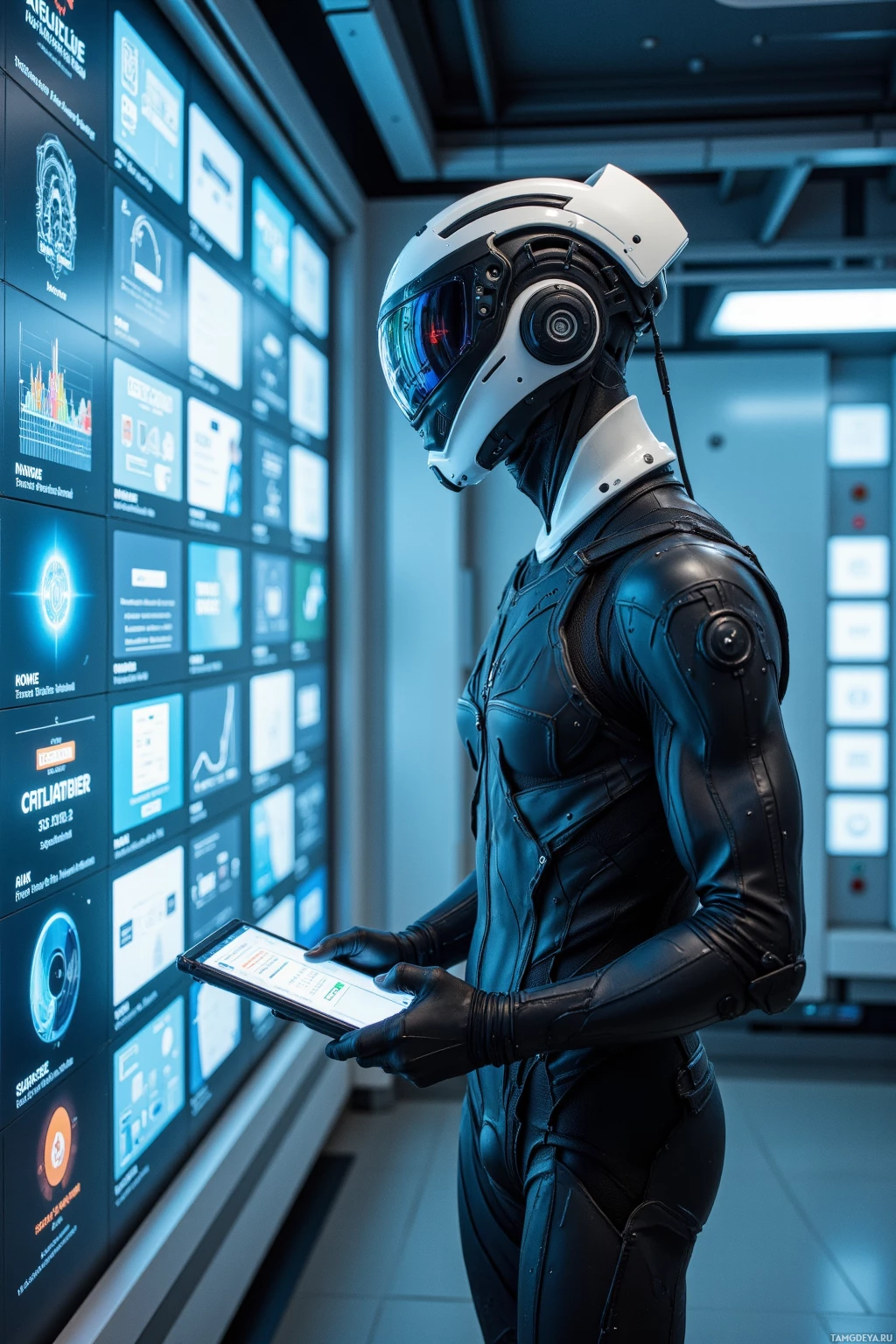 A futuristic humanoid figure in a sleek, black suit and helmet stands in a high-tech environment, holding a tablet.