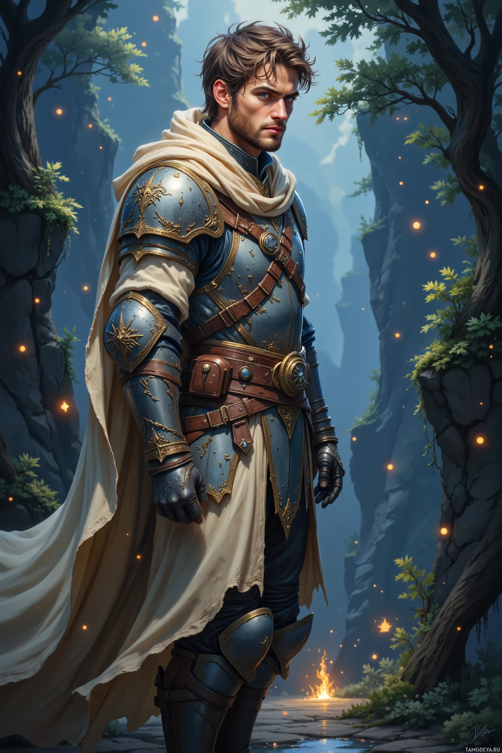 A knight in ornate armor stands in a forested landscape with glowing embers in the background.