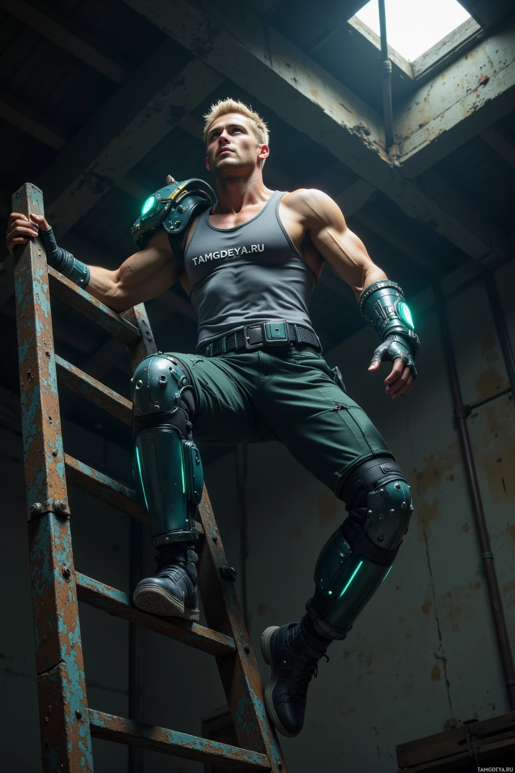 A muscular individual in a sleeveless top and armored pants stands on a ladder in a dimly lit, industrial setting.