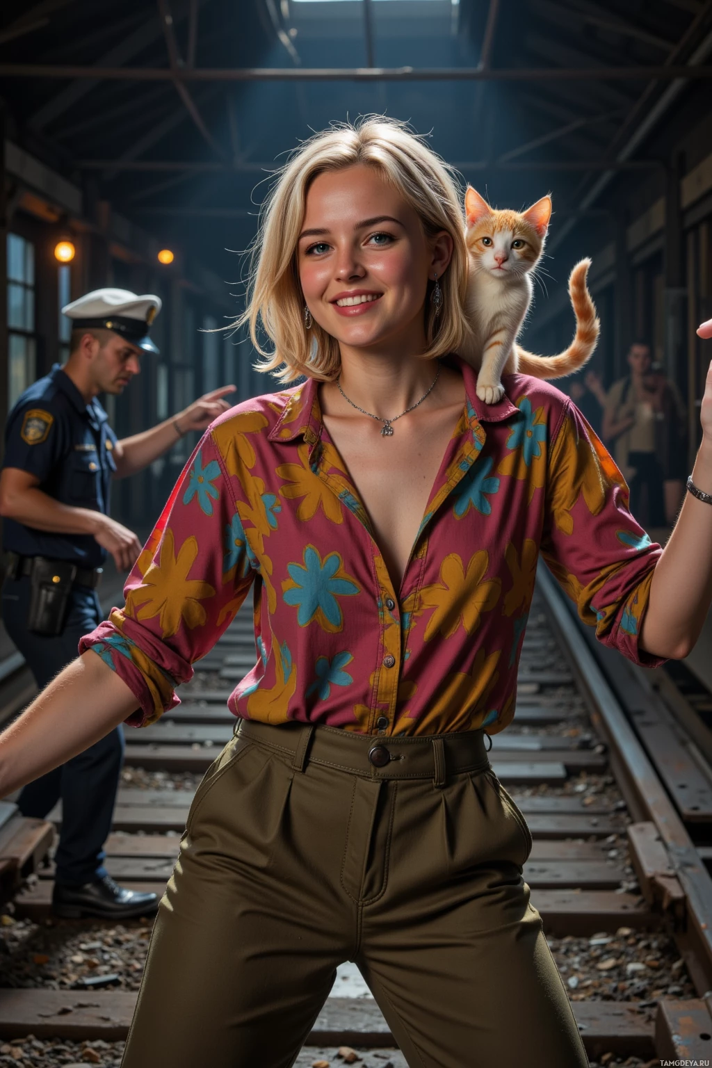A woman in a floral shirt and khaki pants stands on train tracks with a cat perched on her shoulder, while a police officer walks in the background.
