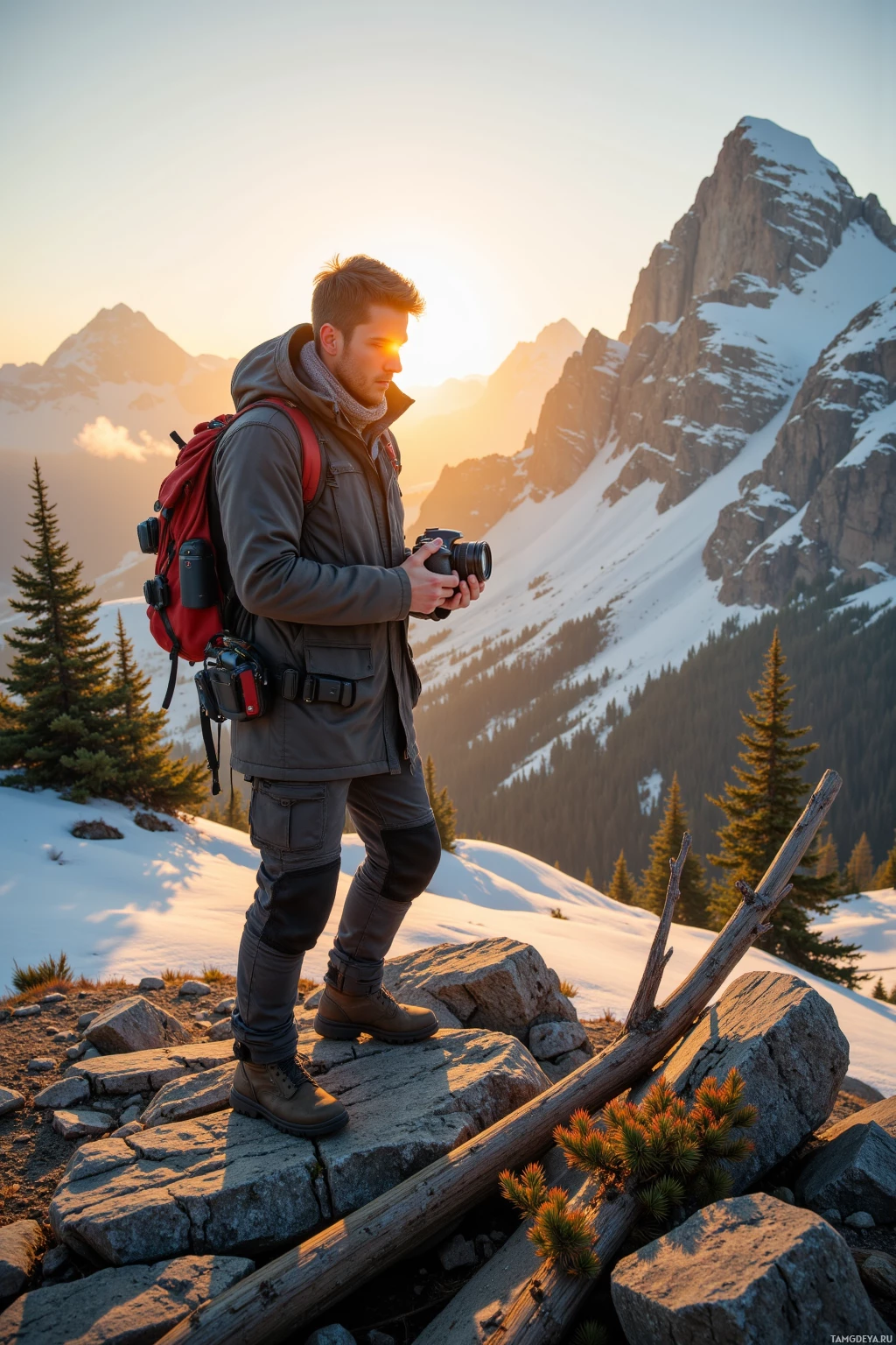 A person stands on a rocky outcrop, holding a camera, with a snowy mountain landscape in the background.
